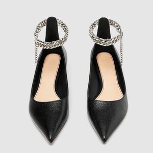 ZARA Sz 39 Pointy Toe Ankle Chunky Chain Kitten Heel Pumps Slip On Shoes